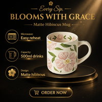 Tasse en céramique rose mat Hibiscus, tasse à café de bureau, tasse à thé en porcelaine florale avec poignée, vaisselle pour le bureau, la maison, le café