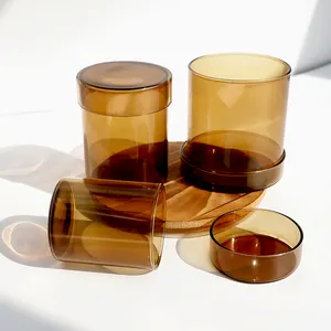 Wholesale High borosilicate glass candle holder 4oz 8oz 10oz Amber Empty Glass Candle Jar with Glass Lid