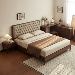 Fabrika Çıkışı İskandinav Japon Wabi Sabi Siyah Ceviz Ahşap Çift Kişilik Yatak Yumuşak Döşemeli King Boy Yatak Ana Yatak Odası İçin Özelleştirilebilir - Product Image 3
