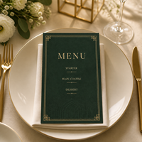 Cartes de menu de mariage personnalisées de luxe vert forêt avec bordure dorée Art Déco, menus de table de réception personnalisés