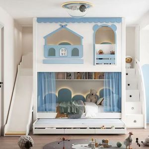 Lit superposé moderne en bois massif en forme <span class=keywords><strong>de</strong></span> château bleu et rose avec échelle, rangement et main courante - Product Image 1