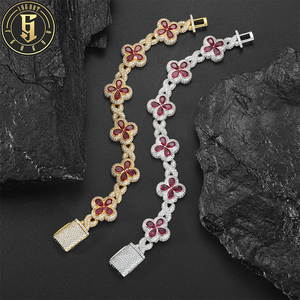 Pulsera de Trébol de Cuatro Hojas de Alta Calidad, Lujosa, de Latón con Gemas de Circonita Cúbica (CZ) Coloridas, Joyería de Cadena de Eslabones Estilo Hip Hop - Product Image 1