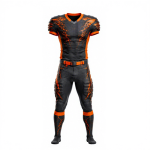 Ensemble d'uniformes de football américain personnalisés, noir et orange, impression sublimée, col en V, manches courtes, jersey ajusté respirant, pantalon pour adulte - Product Image 2