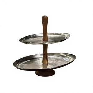 Oval Two <b>Tier</b> <b>Cake</b> <b>Stand</b> Wooden Handle Handmade Metal Tray Base Cup <b>cake</b> <b>stand</b> - Product Image 1