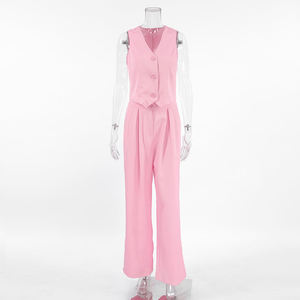 Top Casual da donna elegante in tinta unita con motivo tinta unita in due pezzi senza maniche con decorazione a bottoni per l'estate a lunga trama - Product Image 5