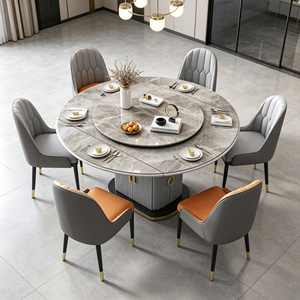 Ensemble de table à manger en pierre frittée, base de meuble de rangement cannelée, chaises de salle à manger en cuir PU bicolore - Product Image 1