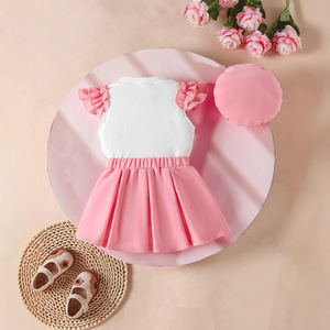 Conjunto de Tres Piezas para Bebé Niña de 0 a 3 Años, Top sin Mangas con Rayas Hundidas, Falda con Lazo de Color Sólido - Product Image 2