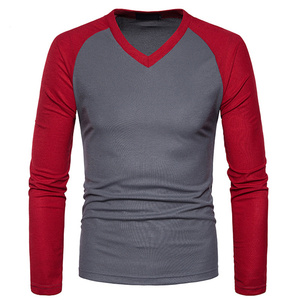 T-shirt à manches longues pour hommes col en V décontracté confortable T-shirt à manches longues épissage conception coupe ajustée tissu respirant personnalité - Product Image 5