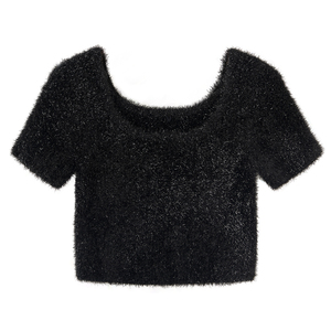 Venta al por mayor jersey de manga corta sexy en negro Venta al por mayor de prendas de punto con patrón sólido de diseñador de las mujeres de verano Crop Top - Product Image 1