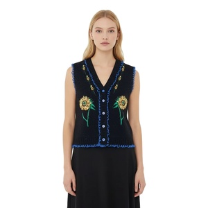 Custom Embroidery Women Knit Sweater Sleeveless V-neck Knit Cardigan High Quality Lurex Women Knit Vest