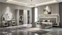 Ensemble de meubles de chambre à coucher de style turc artistique 180x200cm avec tête de lit incurvée, miroir pleine longueur, armoire et coiffeuse pour la décoration intérieure