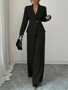 Ensemble Blazer et <span class=keywords><strong>Pantalon</strong></span> Large à Manches Longues Solide Automne Hiver Vêtements de Travail <span class=keywords><strong>Pantalon</strong></span> de Costume Élégant Blazer Femme de Bureau Deux Pièces - Product Image 3