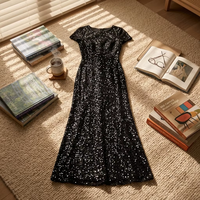 Robe de soirée à sequins noire, col rond, manches courtes, coupe fourreau, longueur ras du sol, pour mère de la mariée, invitée de mariage, fête, banquet