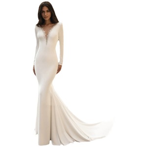 Mermaid Wedding Dress Ivory White V-neck Satin Long Sleeve Elegant Bridal Gown With Train - Product Image 5