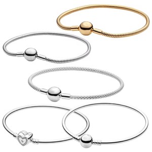 Clásica Pulsera de Hueso de Serpiente con Dije de Corazón Redondo Estilo Pandora, 100% Plata de Ley <span class=keywords><strong>925</strong></span>, Regalo Elegante para Mujer, Joyería de Alta Calidad para DIY - Product Image 1