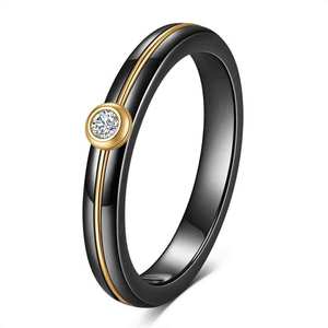 Bague en acier inoxydable et céramique avec diamant, 4 mm, pour femme, à porter au quotidien, coupe brillante ronde, forme géométrique, or blanc et noir - Product Image 5