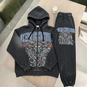 Streetwear Digital Printing Black 2-piece OEM Custom LOGO Printing 400 GSM Heavyweight Pullover Men's <b>Hoodie</b> Set - Product Image 1