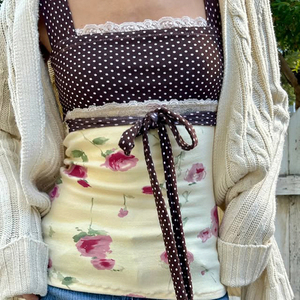 Nouvelle Collection Été Y2K – Top Court Cami à Bretelles Fines, Motif Floral et Pois, Dentelle et Patchwork, Style Doux et Mignon pour Femme – Vente en Gros - Product Image 4