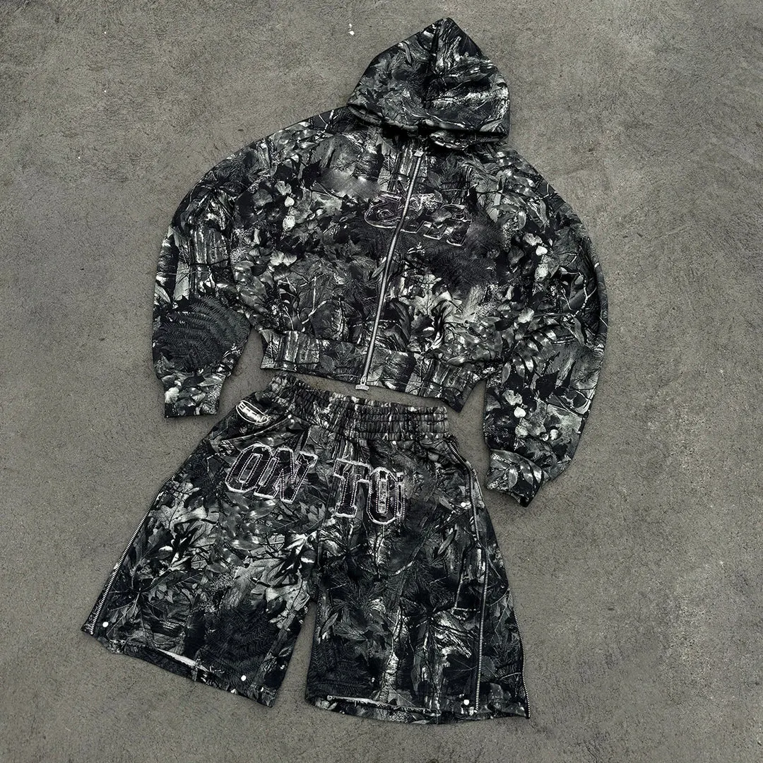 kundenspezifisch baumwolle beschädigt boxy dtg sublimationsdruck echter baum camo aufnäher hoodie und shorts set