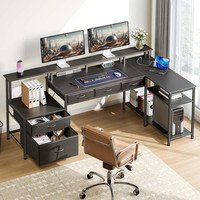 Bureau d'ordinateur en forme de L avec prise de courant et bande de LED Bureau à domicile avec étagères de rangement Bureau de jeu d'angle
