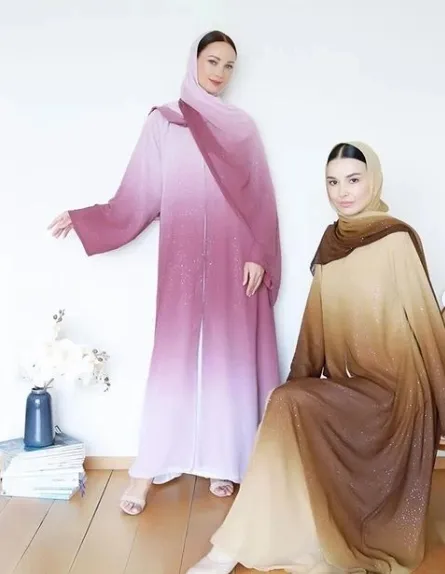 R-210 Wholesale newSaudi Arabia gradient glitter abaya chiffon material Muslim shiny cardigan robe with matching keffiyeh