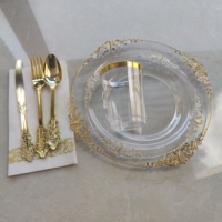 175 pièces d'assiettes en plastique transparentes dorées, ensembles de vaisselle en plastique doré pour 25 invités, pour mariage, fête et Noël