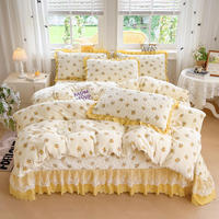 Juego de Ropa de Cama de 4 Piezas con Cubrecama de Terciopelo Lácteo y Volantes de Encaje de Doble Capa