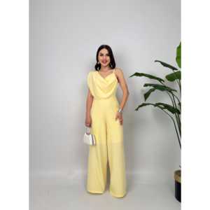 Mono amarillo de gasa para mujer 3033 Tulum, ropa de fiesta, pierna ancha, sin mangas, cuello en V, elegante, formal. - Product Image 1