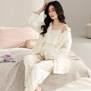 Pijamas de Maternidad de Algodón Puro Clase A con Sujetador Incorporado, Conjunto de Tres Piezas de Verano para Lactancia Materna, Ropa para Abril - Product Image 3