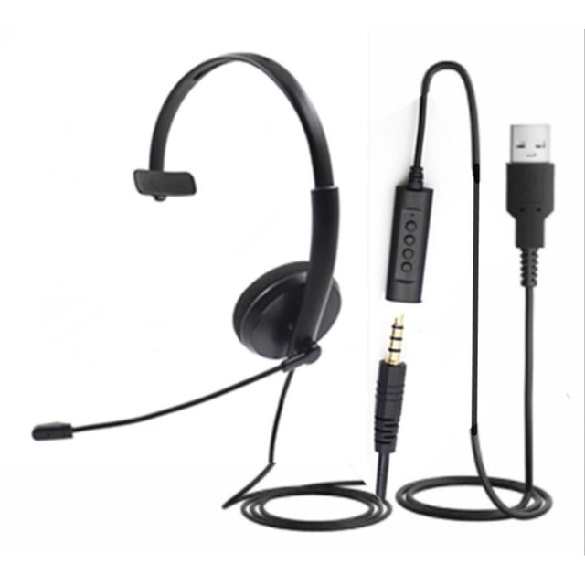 Call Center USB Monaural Headset with Microphone and QD Cord DC 3.5mm Jack for PC / Voip System / Mobile Phone with Mute