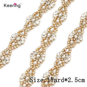 Yeux de cheval et perles rondes en forme de bande perles de verre ruban cristal strass Hot Fix Patch Applique avec chaîne en métal doré rose - Product Image 1