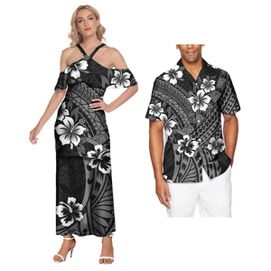 Ensemble Tenue de Couple Robes Élégantes pour Femmes Jupe Sexy à <span class=keywords><strong>Épaule</strong></span> Froide Samoa Impression de <span class=keywords><strong>Tatouage</strong></span> Tenue Décontractée Polynésienne Chemises pour Hommes Assorties - Product Image 6