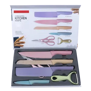 Accesorios de cocina de alto carbono, pelado de pan de colores para cortar frutas y verduras, juego de cuchillos de acero inoxidable, cuchillo de paja de trigo, 6 uds.