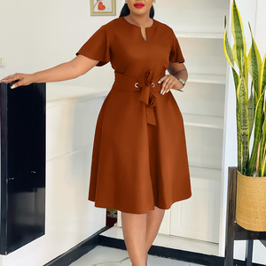 Neuankömmling Sommerkleider Damen Lässig Elegant Einfarbig O-Ausschnitt Kurzarm Schnür Damen Büro kleid für Damen - Product Image 4