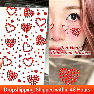 Autocollants de tatouage en strass rouge en forme de cœur pour le maquillage du Nouvel An - Bijoux de visage scintillants en diamant, accents créatifs pour rehausser l'ambiance festive - Product Image 1