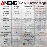 ANENG SZ01/SZ02 Penguji Dioda Multimeter Digital Profesional True RMS Smart AC/DC Alat Multimeter Rentang Otomatis Tegangan Arus