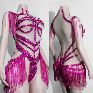 Justaucorps rose magenta à franges de strass Cyber Pop pour festival de musique, scène, diva, drag queen, artiste, costume de spectacle - Product Image 4