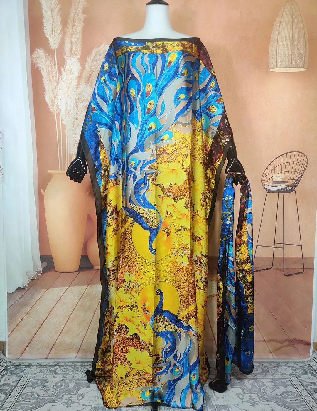 Maxi abito kaftano di seta alla moda con sciarpa Dubai Dashiki stampato musulmano lungo largo tessuto abito abito Abaya