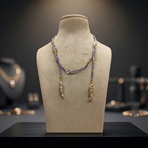 Sstringz Lavender Purple Crystal Beaded Lariat <b>Necklace</b> with Gold Fish Charms, Handmade Boho Fashion <b>Statement</b> Jewelry for Women - Product Image 5