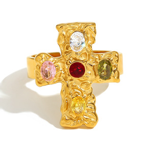 18K Pvd Gold Plated Hammered Cross Cz 316L Stainless Steel Waterproof Hypoallergenic Adjustable <b>Statement</b> <b>Ring</b> For Women - Product Image 2