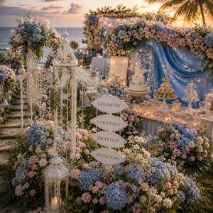 Ensemble complet <span class=keywords><strong>de</strong></span> <span class=keywords><strong>mariage</strong></span> thème Romantisme <span class=keywords><strong>de</strong></span> Jardin Côtier, Arche d'hortensias bleus et roses, Centre <span class=keywords><strong>de</strong></span> table en mousseline transparente, <span class=keywords><strong>Toile</strong></span> <span class=keywords><strong>de</strong></span> <span class=keywords><strong>fond</strong></span>, Vente en gros OEM à guichet unique - Product Image 4