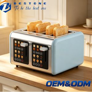เครื่องปิ้งขนมปัง BESTONE 4 แผ่น สแตนเลส พร้อมตัวตั้งเวลาแบบดิจิตอล ฟังก์ชั่นป๊อปอัพอัตโนมัติ อุ่นอาหารใหม่ และละลายน้ำแข็ง สำหรับใช้ในครัวเรือน - Product Image 1