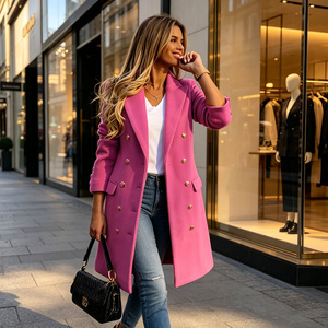 Manteau long en laine mélangée rose pour femme, à double boutonnage, couleur unie, teint uni, chaud, pour l'automne et l'hiver - Product Image 4