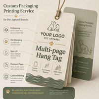 Étiquettes suspendues personnalisées multi-pages en papier écologique pour vêtements pour animaux de compagnie, avec marquage à chaud et gaufrage, faible MOQ, OEM ODM
