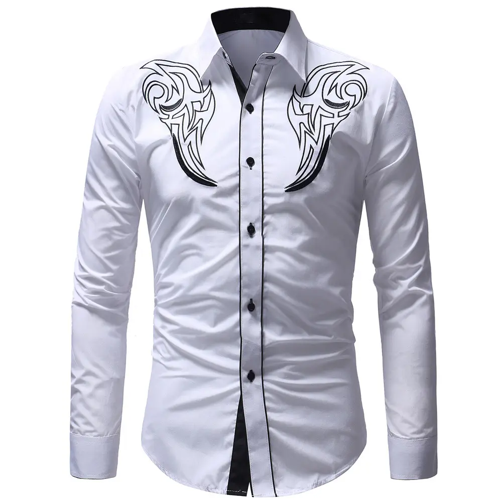Spring Summer Men Tops Western Cowboy Shirt Embroidered Long Sleeve Casual Button Down Shirt ropa hombre