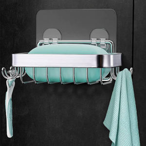 Support mural en acier inoxydable sans perçage pour savon de salle de bain, installation sans trace <span class=keywords><strong>avec</strong></span> grille de drainage et crochet pour éponge loofah - Product Image 5