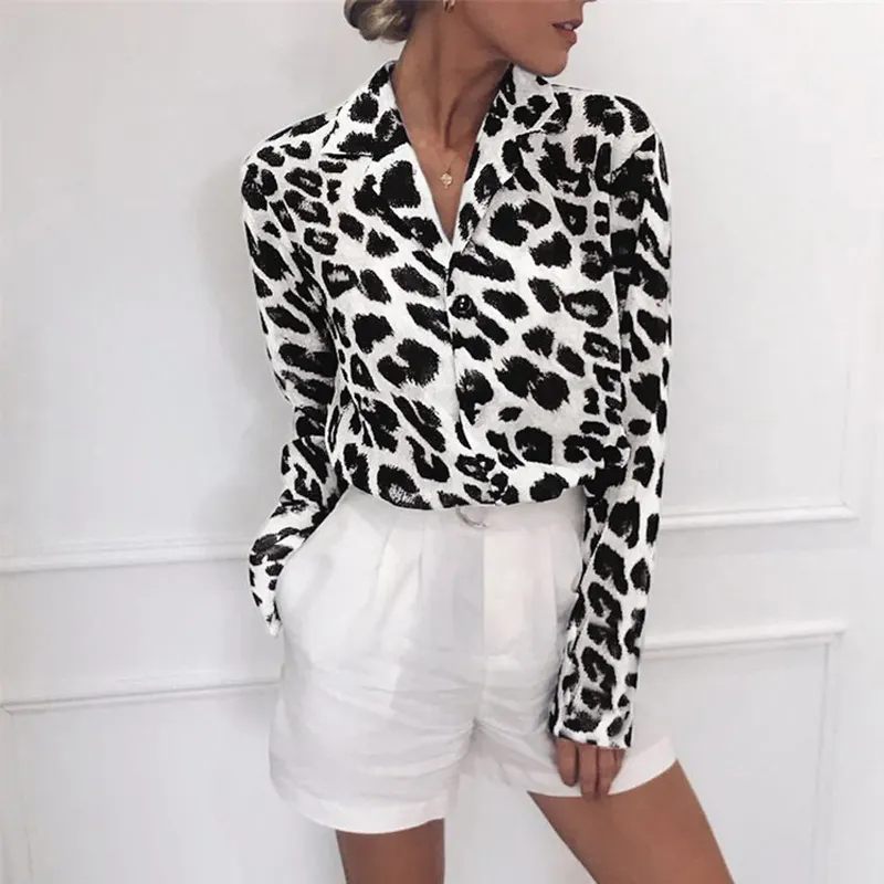 Chiffon Long Sleeve Leopard Print Blouse Turn Down Collar Lady Office Casual Loose Blusas Shirt