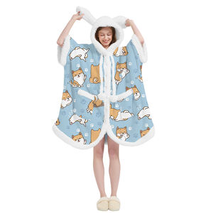 เสื้อคลุมฮู้ดพิมพ์ลายหนานุ่ม อุ่นสบาย สำหรับฤดูหนาว พร้อมพู่ห้อยหูกระต่ายขนาดใหญ่ สไตล์เสื้อคลุม ผ้าคลุมไหล่ ผ้าคลุมตัว ชุดนอน - Product Image 5