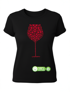 T-shirt da donna per San Valentino con stampa di bicchiere di vino e cuore rosso, a maniche corte, casual, 100% cotone, girocollo, vestibilità comoda - Product Image 1
