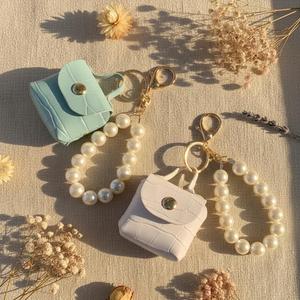 Pendant Car Handmade <b>Mini</b> Earphone Accessory Pu Leather <b>Bag</b> Keychain With Pearl Wristlet - Product Image 6